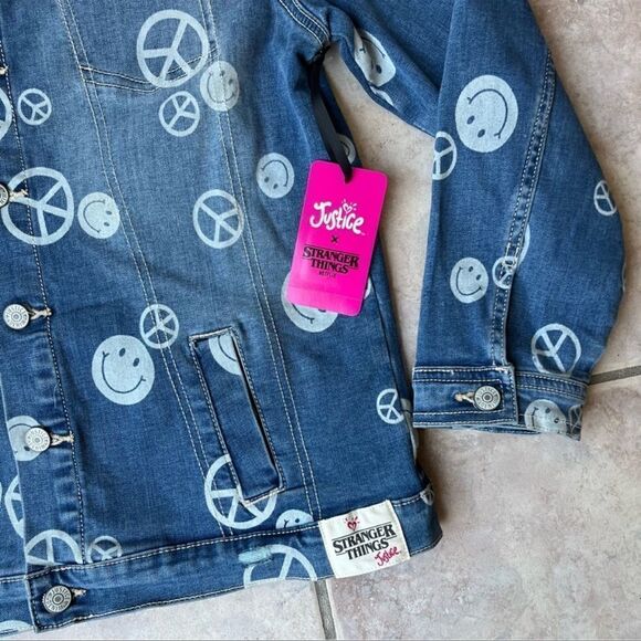 Stranger Things X Justice Girls Jean Jacket | Peace & Smiley Faces | M | 7-8 - Picture 2 of 4
